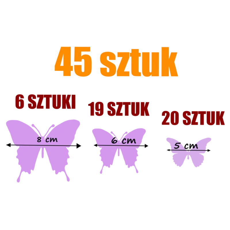 naklejki MOTYLE zestaw 45 szt, wielkości 8, 6 i 5cm,  arkusz 28x45cm