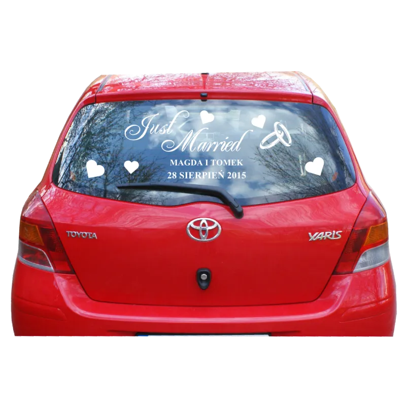 JUST MARRIED + IMIONA + DATA ŚLUBU zestaw naklejek