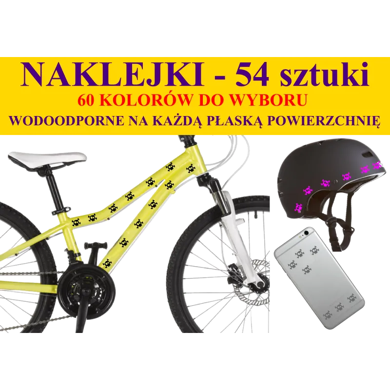 NAKLEJKI NA ROWER, KASK - CZASZKI 54 szt 60 kolorów