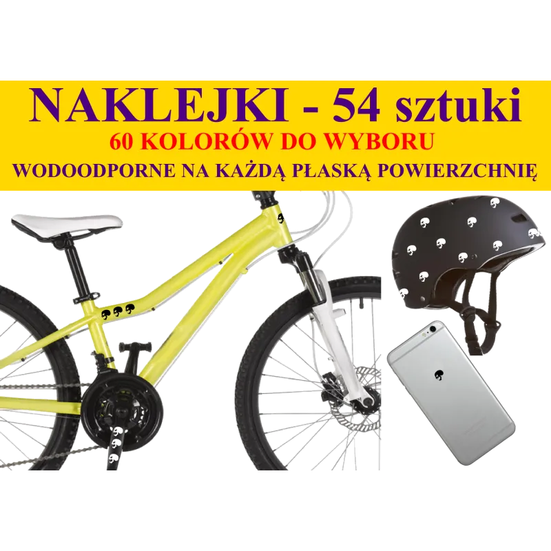 NAKLEJKI NA ROWER, KASK - CZASZKI 54 szt 60 kolorów