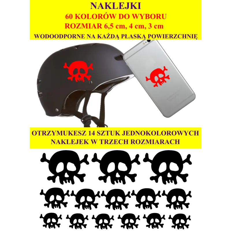 NAKLEJKI CZASZKA PIRAT - 3cm, 4cm i 6,5cm - zestaw 14 szt