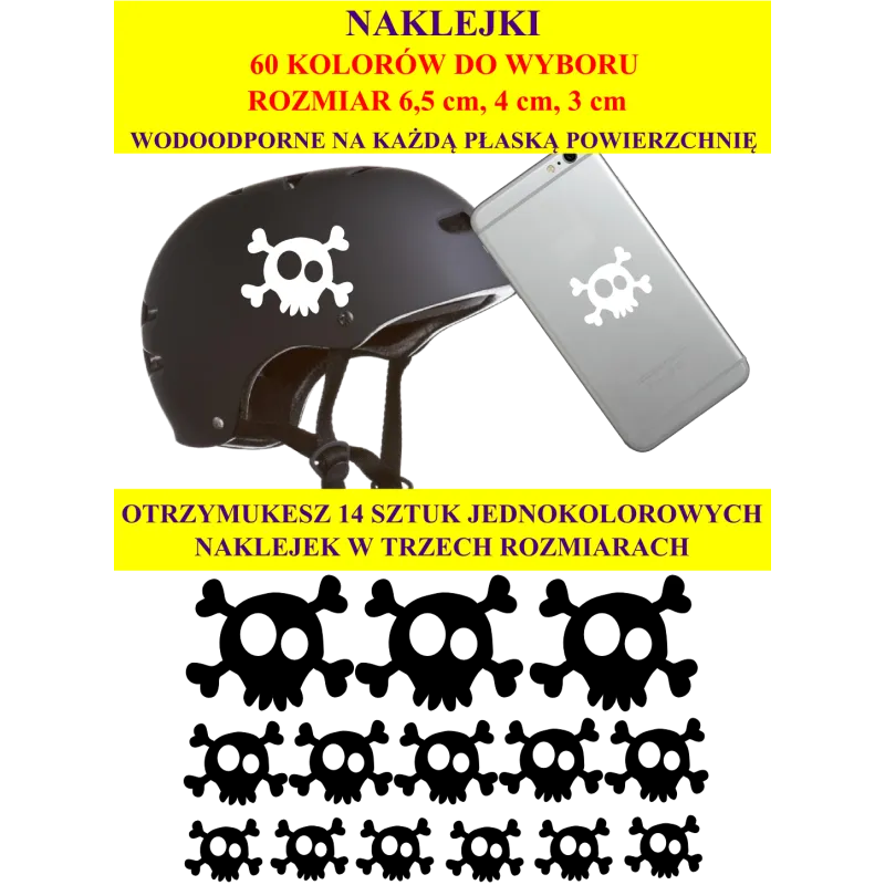 NAKLEJKI CZASZKA PIRACKA - 3cm, 4cm i 6,5cm - zestaw 14 szt