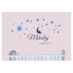 naklejki z IMIENIEM i DATĄ + CHŁOPIEC NA KSIĘŻYCU i GWIAZDY